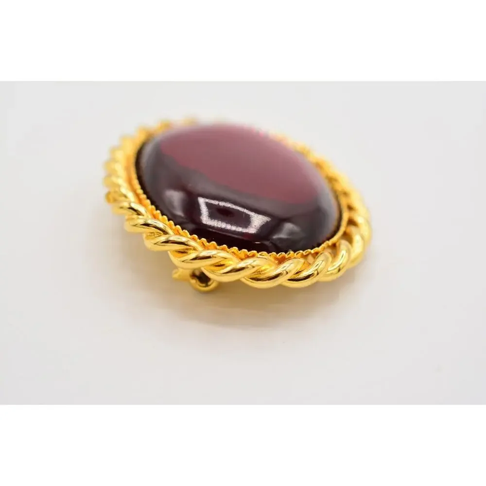 Sharra Pagano Vintage Cabochon Pin Brooch Gold Red Glass Oval Signed RARE BinJ